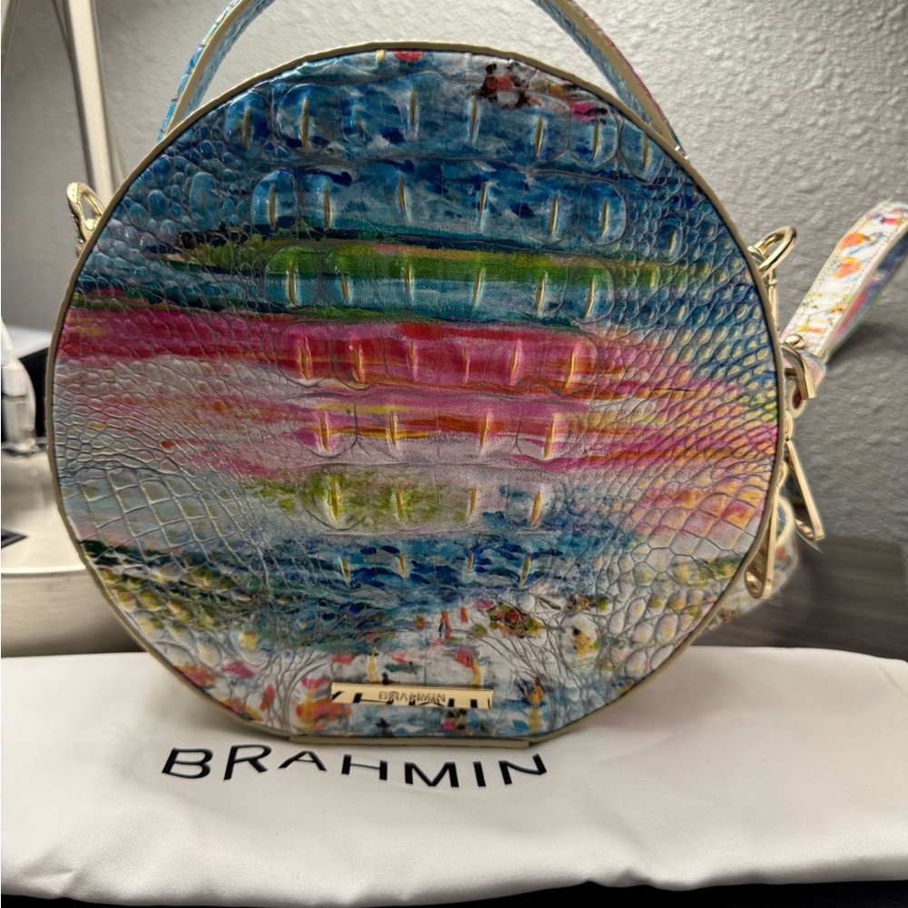 Brahmin Staycation Lane Blue and Pink Crossbody Bag.